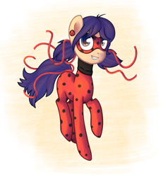 Size: 1995x2163 | Tagged: safe, artist:nagai-kida, derpibooru import, earth pony, pony, clothes, crossover, female, looking at you, mare, marinette dupain-cheng, mask, miraculous ladybug, ponified, smiling