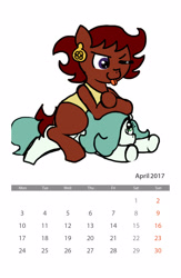 Size: 1600x2450 | Tagged: safe, artist:ficficponyfic, color edit, edit, edited edit, oc, oc only, oc:emerald jewel, oc:ruby rouge, earth pony, pony, calendar, child, color, colored, colt, colt quest, cute, ear piercing, earring, female, femboy, filly, foal, hair over one eye, happy, jewelry, male, one eye closed, photofunia, piercing, playing, sitting on person, tomboy, tongue out, wink, wrestling