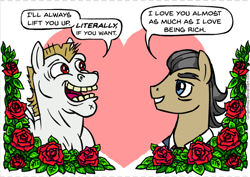 Size: 600x425 | Tagged: safe, artist:gingerfoxy, derpibooru import, bulk biceps, filthy rich, earth pony, pegasus, pony, crack shipping, filthybulk, flower, gay, heart, leaf, lovey dovey, male, pony couple generator, rose, shipping