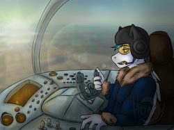 Size: 807x605 | Tagged: artist needed, safe, derpibooru import, oc, oc only, oc:bloodray, anthro, pegasus, aircraft, male, pilot, plane, solo