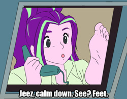 Size: 761x592 | Tagged: safe, artist:kazabomb, derpibooru import, edit, aria blaze, equestria girls, dirty pair, feet, feet up, foot focus, phone, solo