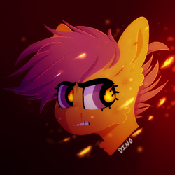 Size: 1080x1080 | Tagged: safe, artist:dino_horse, derpibooru import, scootaloo, pony, angry, blood, bust, cut, female, fire, mare, savage, solo, wingding eyes