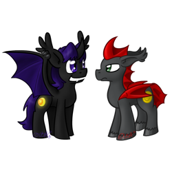 Size: 1024x1024 | Tagged: safe, artist:usagi-zakura, oc, oc only, oc:alphaeus, oc:strawberry, bat pony, changeling, pony, simple background, transparent background