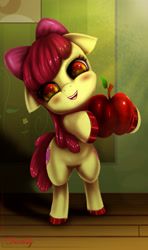 Size: 3200x5400 | Tagged: safe, artist:darksly, derpibooru import, apple bloom, earth pony, pony, apple, female, food, fruit, hoof hold, indoors, open mouth, rearing, smiling, solo