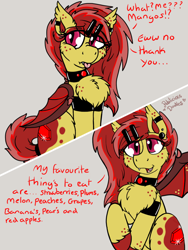 Size: 960x1280 | Tagged: safe, artist:php62, oc, oc only, oc:ruby splash, bat pony, pony, armband, chest fluff, collar, cute little fangs, dialogue, ear piercing, earring, eyeshadow, fangs, jewelry, makeup, piercing, raised hoof, solo, tongue out