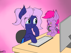 Size: 2230x1666 | Tagged: safe, artist:kimjoman, derpibooru import, oc, oc:neon galaxies, oc:spiral galaxies, bat pony, hybrid, pony, baby, chair, computer, computer mouse, desk, female, foal, keyboard, magical lesbian spawn, monitor, mother and child, mother and daughter, offspring, pacifier, parent and child, ponytail