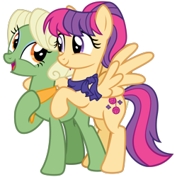 Size: 3200x3200 | Tagged: safe, artist:cheezedoodle96, derpibooru import, idw, aunt holiday, auntie lofty, earth pony, pegasus, pony, spoiler:comic, spoiler:comicponyvillemysteries3, .svg available, alternate design, clothes, couple, eye contact, female, hoof on chest, hug, idw showified, lesbian, lofty day, looking at each other, mare, ponyville mysteries, rearing, scarf, shipping, simple background, spread wings, svg, transparent background, vector, wings