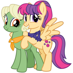 Size: 3200x3200 | Tagged: safe, alternate version, artist:cheezedoodle96, derpibooru import, idw, aunt holiday, auntie lofty, earth pony, pegasus, pony, spoiler:comic, spoiler:comicponyvillemysteries3, .svg available, alternate design, clothes, couple, digital art, female, high res, hoof on chest, hug, idw showified, lesbian, lofty day, looking at you, mare, ponyville mysteries, rearing, scarf, shipping, simple background, smiling, spread wings, svg, transparent background, vector, wings