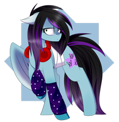 Size: 1280x1319 | Tagged: safe, artist:cupofvanillatea, oc, oc only, oc:dark, oc:despy, pony, bandage, clothes, female, fusion, headphones, leg warmers, mare, one winged pegasus, socks, solo