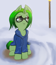 Size: 1112x1308 | Tagged: safe, oc, oc only, oc:bitter pill, pony, unicorn, clothes, cute, glasses, hoodie, pony town, snow, solo