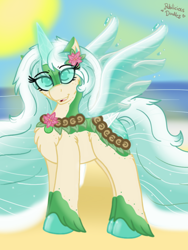 Size: 960x1280 | Tagged: safe, artist:php62, oc, oc only, oc:te fiti, alicorn, original species, pond pony, pony, alicorn oc, beach, eyeshadow, flower, jewelry, lidded eyes, looking at you, looking back, makeup, necklace, ocean, open mouth, sand, solo, spread wings, sun, unshorn fetlocks