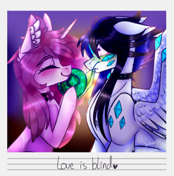 Size: 2800x2830 | Tagged: safe, artist:honeybbear, derpibooru import, oc, oc:cyan crystal, oc:mochi, dracony, hybrid, unicorn, female, high res, kissing, mare, snail