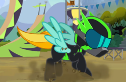 Size: 1506x981 | Tagged: safe, derpibooru import, screencap, lightning dust, pegasus, pony, the washouts (episode), spoiler:s08, bodysuit, female, goggles, helmet, mare, omg, raised hoof, washouts uniform