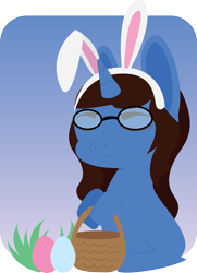 Size: 1443x1989 | Tagged: safe, artist:lordswinton, derpibooru import, oc, oc:11newells, rabbit, unicorn, basket, blue, commission, cute, easter, egg, glasses, holiday, present, solo, ych result