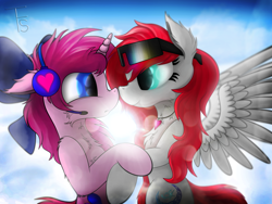 Size: 2560x1920 | Tagged: safe, artist:thefunnysmile, derpibooru import, oc, oc:red top, oc:solid heart, pegasus, pony, unicorn, amulet, blurry, cloud, female, headphones, lens flare, lesbian, oc x oc, shipping, sunglasses