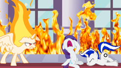 Size: 1024x576 | Tagged: safe, artist:justinmella777, derpibooru import, rarity, twilight sparkle, twilight sparkle (alicorn), alicorn, pony, unicorn, crying, fanfic in the description, fire, ponified, portal (valve), rapidash twilight, the worst possible thing, wheatley