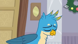 Size: 1280x720 | Tagged: safe, derpibooru import, screencap, gallus, griffon, the hearth's warming club, beak, boomerang (tv channel), eyes closed, male, sad