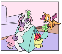 Size: 7812x6756 | Tagged: safe, artist:cutepencilcase, apple bloom, scootaloo, sweetie belle, absurd resolution, cookie, cutie mark crusaders, eyes closed, food, magic, mouth hold, smiling, telekinesis, tent