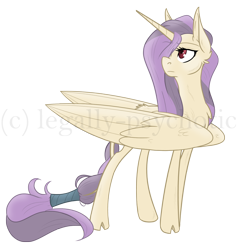 Size: 1486x1550 | Tagged: safe, artist:legally-psychotic, oc, oc only, oc:la roi, alicorn, pony, alicorn oc, cloven hooves, female, hair over one eye, impossibly large wings, mare, simple background, solo, transparent background, watermark