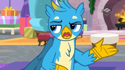 Size: 1280x720 | Tagged: safe, derpibooru import, screencap, gallus, griffon, the hearth's warming club, beak, boomerang (tv channel), claws, fireplace, male, open mouth, wings