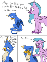 Size: 675x900 | Tagged: safe, artist:slamjam, derpibooru import, gallus, silverstream, classical hippogriff, griffon, hippogriff, comic, crying, sad, text