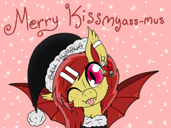 Size: 1280x960 | Tagged: safe, artist:php62, oc, oc only, bat pony, pony, bat pony oc, christmas ponies, ear piercing, earring, freckles, hat, jewelry, looking at you, merry christmas, one eye closed, piercing, santa hat, solo, spread wings, tongue out, vulgar, wink