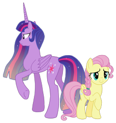 Size: 2492x2637 | Tagged: safe, artist:flipwix, derpibooru import, part of a set, fluttershy, princess twilight 2.0, twilight sparkle, twilight sparkle (alicorn), alicorn, pegasus, pony, alternate cutie mark, alternate hairstyle, alternate universe, android, braid, detroit: become human, elijah kamski, ethereal mane, female, flutterbot, future, gynoid, immortality blues, mare, older, older fluttershy, older twilight, raised hoof, simple background, transparent background, twilight will outlive her friends, ultimate twilight