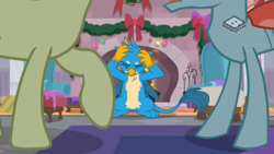 Size: 1280x720 | Tagged: safe, derpibooru import, screencap, gallus, ocellus, sandbar, griffon, the hearth's warming club, fireplace, male, raised hoof