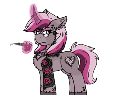 Size: 1280x960 | Tagged: safe, artist:php62, oc, oc only, oc:ink heart, pony, unicorn, beauty mark, ear piercing, earring, eyeshadow, frown, glasses, jewelry, lip piercing, magic, makeup, needle, piercing, solo, tattoo, tattoo artist, telekinesis