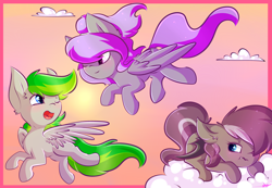 Size: 4000x2764 | Tagged: safe, artist:ashee, oc, oc only, oc:mic boom, oc:nightwind, oc:violet rose, bat pony, pegasus, pony, blushing, fangs, flying, one eye closed, wink