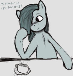 Size: 968x1000 | Tagged: safe, artist:crook3dsmile, marble pie, pony, coffee mug, female, gray background, mare, mug, pondering, simple background, solo