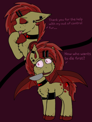 Size: 960x1280 | Tagged: safe, artist:php62, oc, oc only, oc:ruby splash, bat pony, pony, armband, chest fluff, choker, dialogue, eyes closed, eyeshadow, freckles, hairclip, knife, licking, makeup, mouth hold, solo, spread wings, tongue out