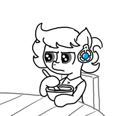 Size: 640x600 | Tagged: safe, artist:ficficponyfic, oc, oc only, oc:ruby rouge, bowl, chair, child, clothes, colt quest, cyoa, ear piercing, earring, female, filly, foal, jewelry, monochrome, piercing, solo, spoon, story included, table