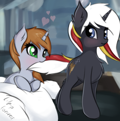 Size: 912x918 | Tagged: safe, artist:twiren, derpibooru import, oc, oc:littlepip, oc:velvet remedy, pony, unicorn, fallout equestria, biting, blushing, cute, cutie mark, fanfic, fanfic art, female, heart, hooves, horn, lesbian, lying down, mare, tail bite, velvetpip