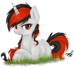 Size: 1008x920 | Tagged: safe, artist:drawlightshinesweet, oc, oc only, oc:blackjack, pony, unicorn, fallout equestria, fallout equestria: project horizons, colored pupils, fanfic, fanfic art, female, grass, hooves, horn, lying down, mare, missing cutie mark, prone, red eyes, simple background, solo, transparent background