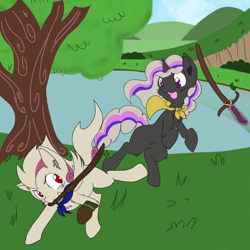 Size: 4000x4000 | Tagged: safe, artist:steelsoul, derpibooru import, oc, oc only, cape, clothes, colt, commission, lake, male, playing, sword, tree, weapon