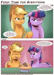 Size: 1219x1700 | Tagged: safe, artist:saturdaymorningproj, derpibooru import, applejack, twilight sparkle, twilight sparkle (alicorn), alicorn, earth pony, pony, bait and switch, comic, cowboy hat, female, food, hat, implied lesbian, implied shipping, implied twijack, innuendo, mare, pie, speech bubble, stetson