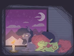 Size: 2048x1536 | Tagged: safe, artist:terrifyinglagomorpha, oc, oc only, oc:artline, oc:cosmia nebula, pony, candle, friendship, heart, night, sleeping, smiling, train