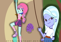 Size: 1052x730 | Tagged: safe, artist:miqueart, sugarcoat, sunny flare, equestria girls, alternate universe, climbing, duo, duo female, female