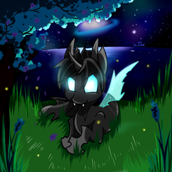 Size: 2000x2000 | Tagged: safe, artist:saralien, oc, oc only, changeling, changeling oc, cute, forest, galaxy, male, solo