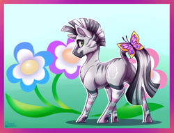 Size: 1176x900 | Tagged: safe, artist:chesnoksuperior, oc, oc only, oc:zebra north, butterfly, zebra, clothes, flower, male, socks, solo, stallion, striped socks