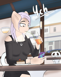 Size: 4000x5100 | Tagged: safe, artist:mintjuice, derpibooru import, anthro, advertisement, breasts, cake, car, clothes, commission, diner, dress, drinking, female, food, lunchtime, mare, phone, sitting, table, window, woman, your character here