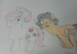 Size: 3144x2244 | Tagged: safe, derpibooru import, nurse redheart, oc, colored pencil drawing, duo, female, hasbro why, male, multiple cutie marks, question mark, traditional art, vulgar