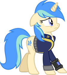 Size: 1024x1144 | Tagged: safe, artist:pegasski, derpibooru import, oc, oc:river splash, pony, unicorn, fallout equestria, clothes, fanfic, fanfic art, female, floppy ears, hooves, horn, mare, pipbuck, show accurate, simple background, solo, transparent background, vault suit