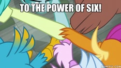 Size: 600x337 | Tagged: safe, derpibooru import, edit, edited screencap, screencap, gallus, ocellus, sandbar, silverstream, smolder, yona, school daze, image macro, meme, six hands together, student six