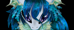 Size: 1024x419 | Tagged: safe, artist:zahpkiel, derpibooru import, oc, oc only, oc:mercury rain, kelpie, merpony, pony, black background, close-up, colored pupils, digital art, female, looking at you, mare, simple background, solo