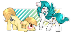 Size: 1024x478 | Tagged: safe, artist:h-analea, oc, oc only, oc:biscuit, oc:music moonblast, earth pony, pegasus, pony, blushing