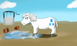 Size: 2000x1200 | Tagged: safe, artist:horsesplease, derpibooru import, double diamond, bucket, paint tool sai, puddle, realistic, shetland pony, upset, water, well, wet mane