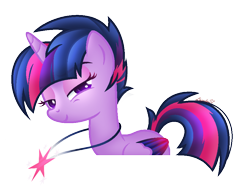 Size: 920x708 | Tagged: safe, artist:lazulys2, derpibooru import, twilight sparkle, twilight sparkle (alicorn), alicorn, alternate hairstyle, base used, colored wings, jewelry, lidded eyes, multicolored wings, necklace, rock, simple background, solo, transparent background