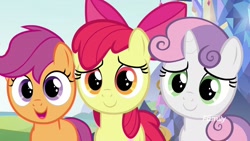 Size: 1920x1080 | Tagged: safe, derpibooru import, screencap, apple bloom, scootaloo, sweetie belle, marks for effort, cutie mark crusaders, discovery family logo